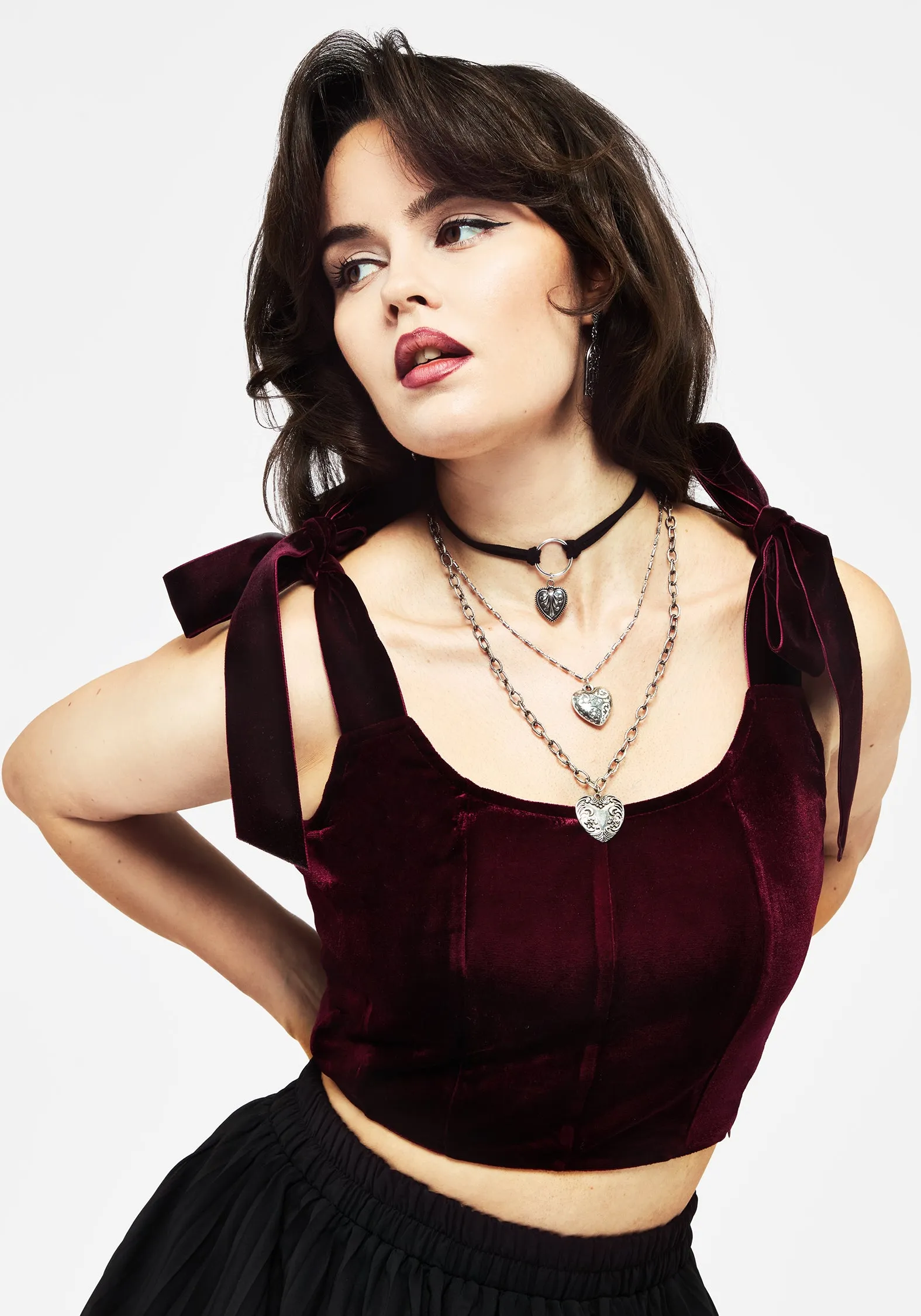 AntiMicrobialLining Cool and Breezy Lisette Velour Tie Strap Corset Top - Red