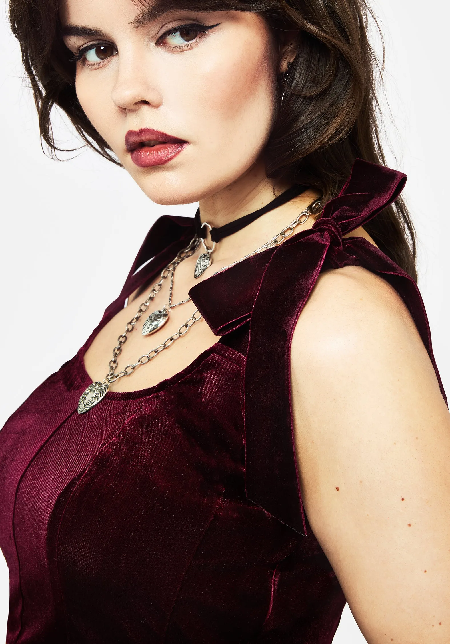 Lisette Velour Tie Strap Corset Top - Red Timeless Cut Office Look