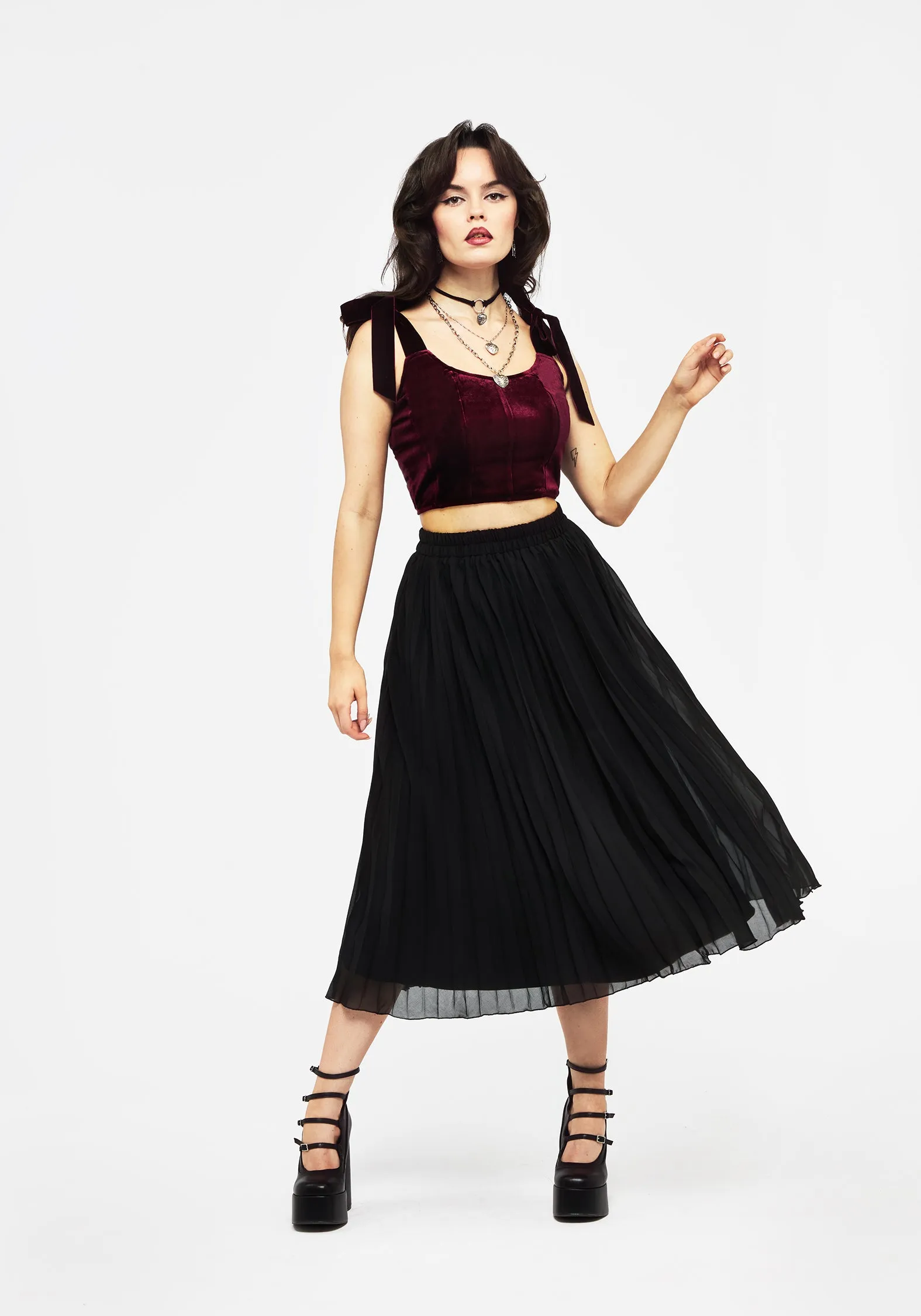 LightweightLayeringSystem Contrast Topstitching Detail Lisette Velour Tie Strap Corset Top - Red