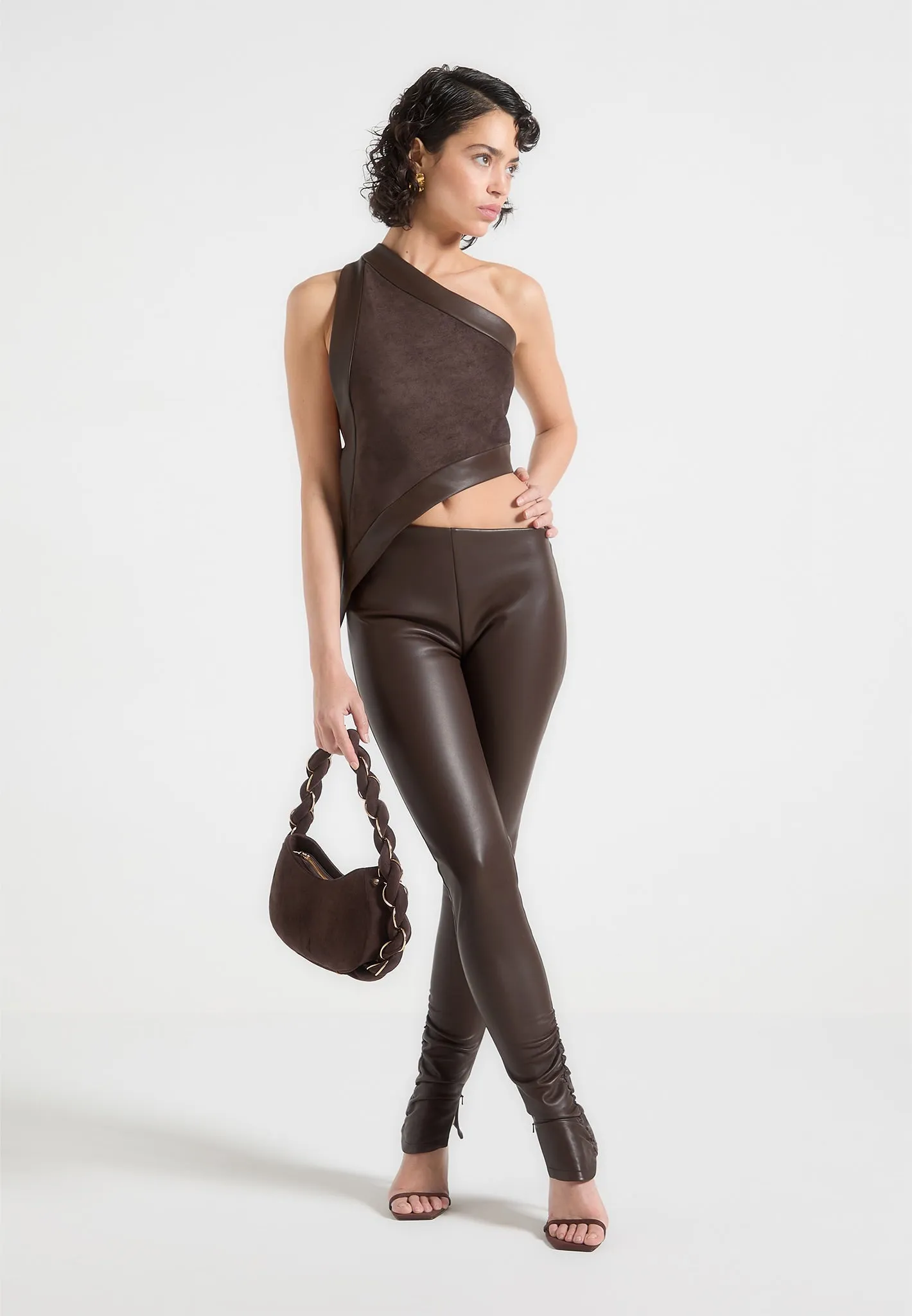 DoubleLayeredCollar Suede & Leather Asymmetric Backless Top - Brown