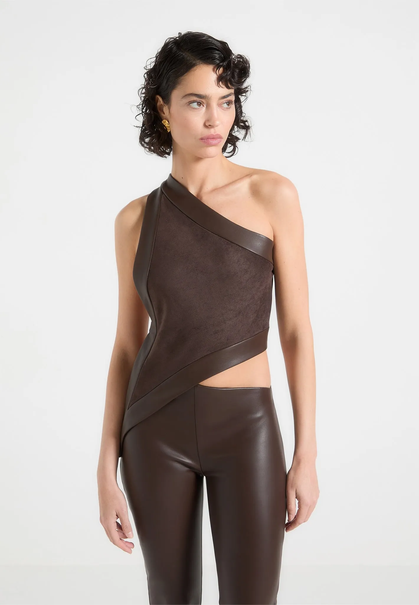 color blocking Day-to-Day Comfort Suede & Leather Asymmetric Backless Top - Brown
