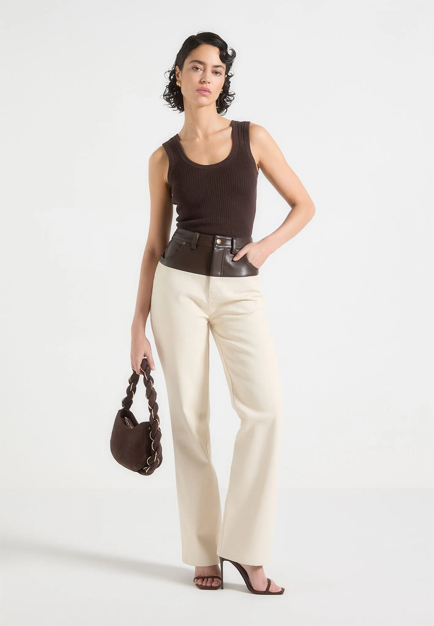 Premium Outdoor Enthusiast Street Fashion Parent Style Renee - Leather & Denim Straight Leg Jeans - Cream/Brown