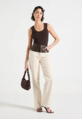 Premium Outdoor Enthusiast Street Fashion Parent Style Renee - Leather & Denim Straight Leg Jeans - Cream/Brown