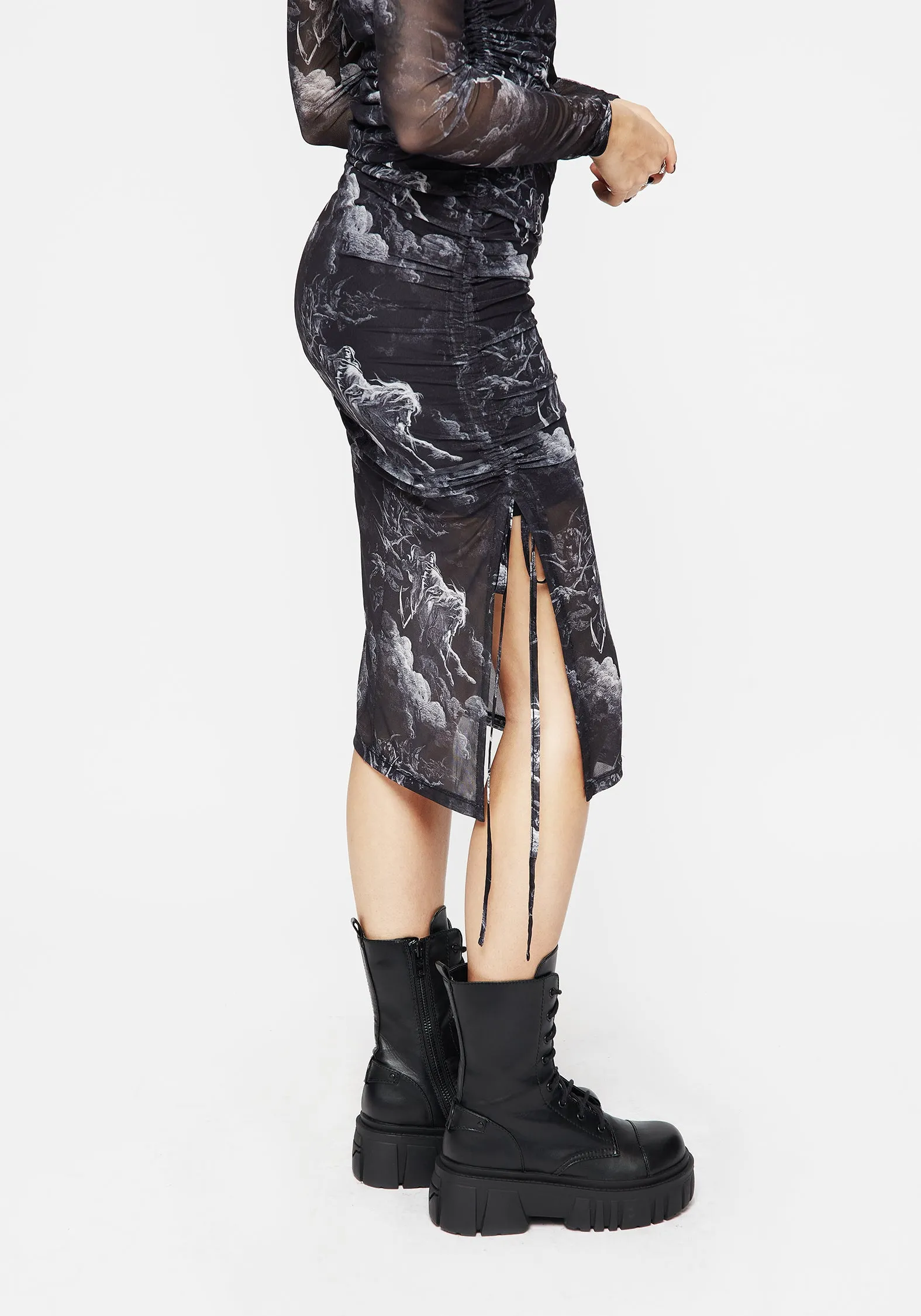 Revelation Bodycon Ruched Midaxi Dress Lantern Arm Sunset Peak