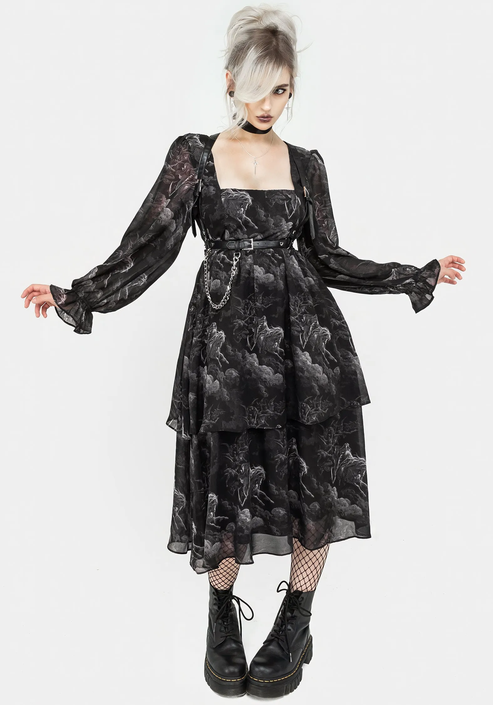 Revelation Chiffon Midi Dress Feminine flowing piece Back-Zip