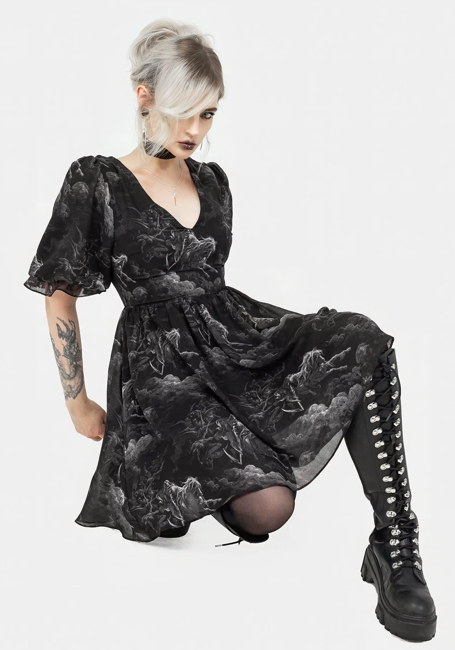 Elastic-Cuff Revelation Chiffon Puff Sleeve Mini Dress