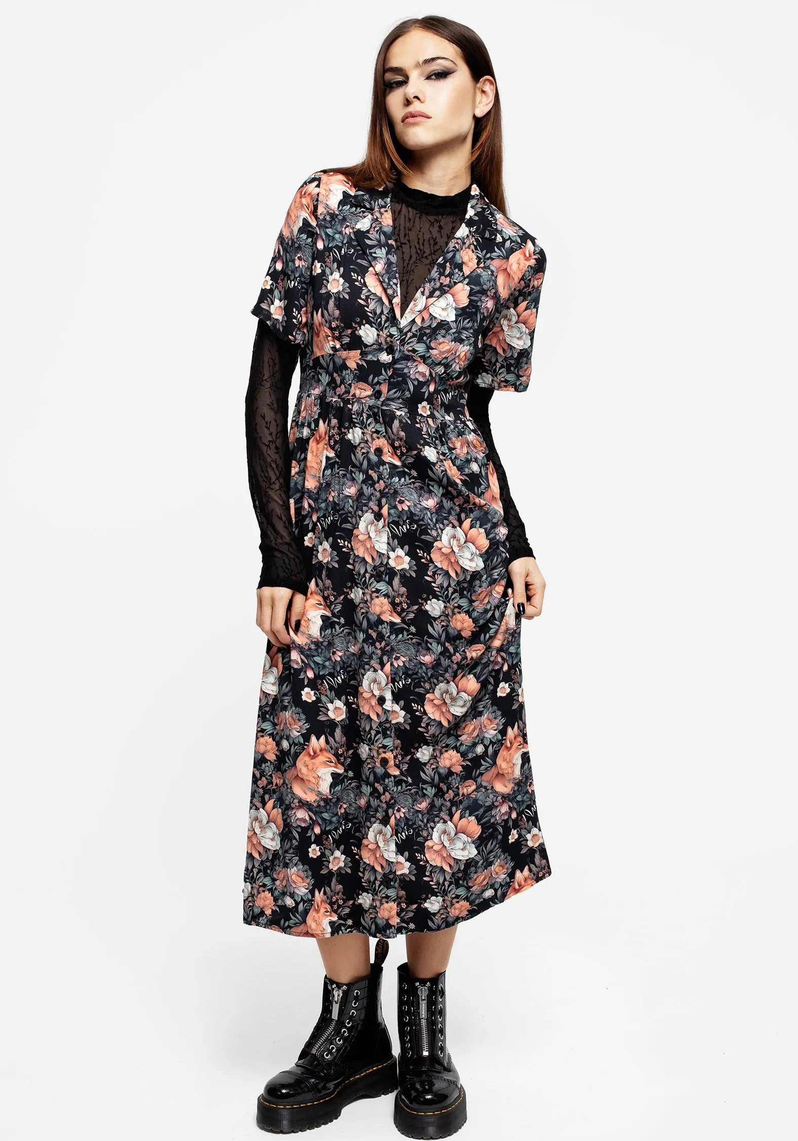 Mesh Soft Reynard Fox Floral Print Midi Shirt Dress