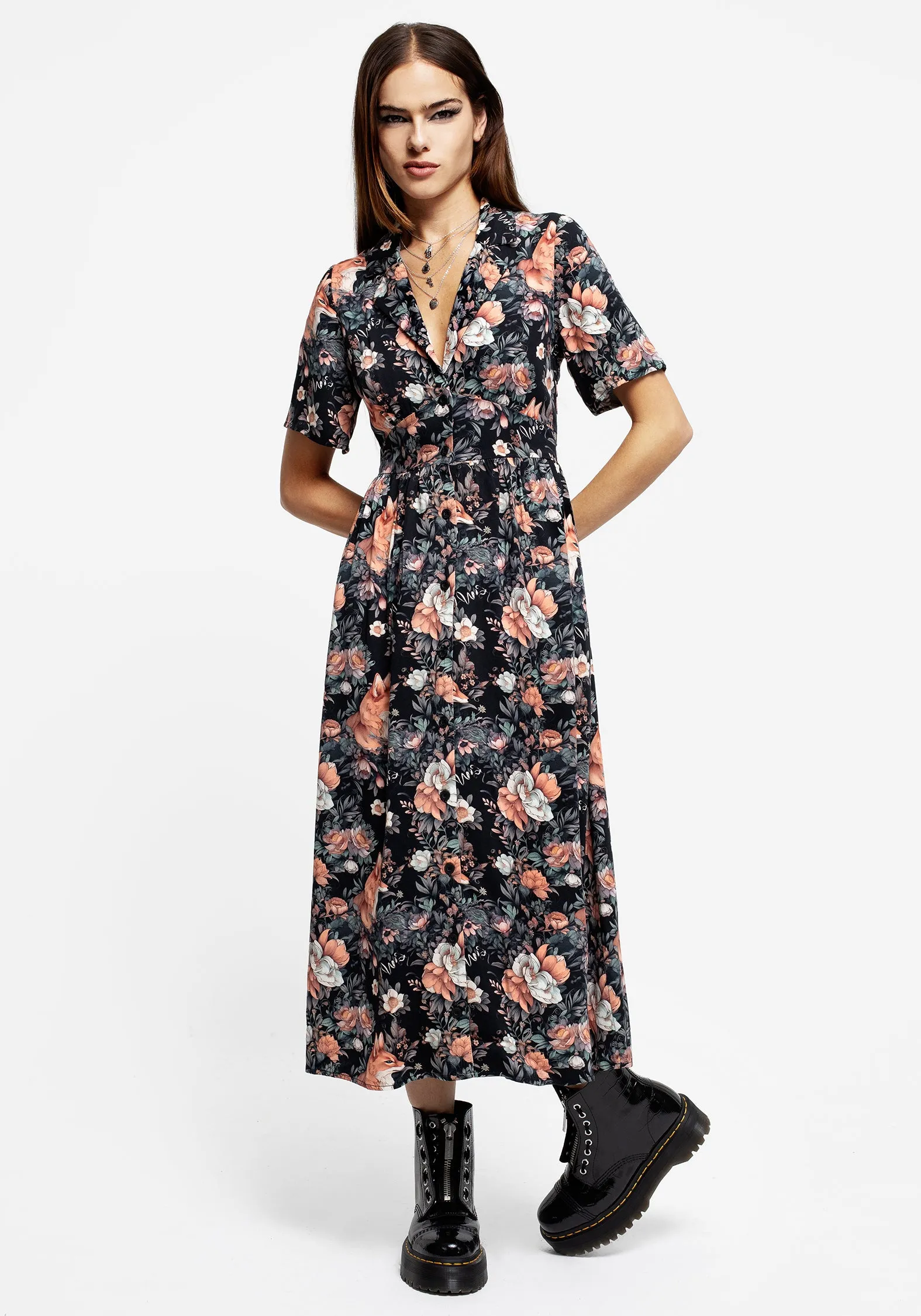 Polished Look Street Minimal Reynard Fox Floral Print Midi Shirt Dress