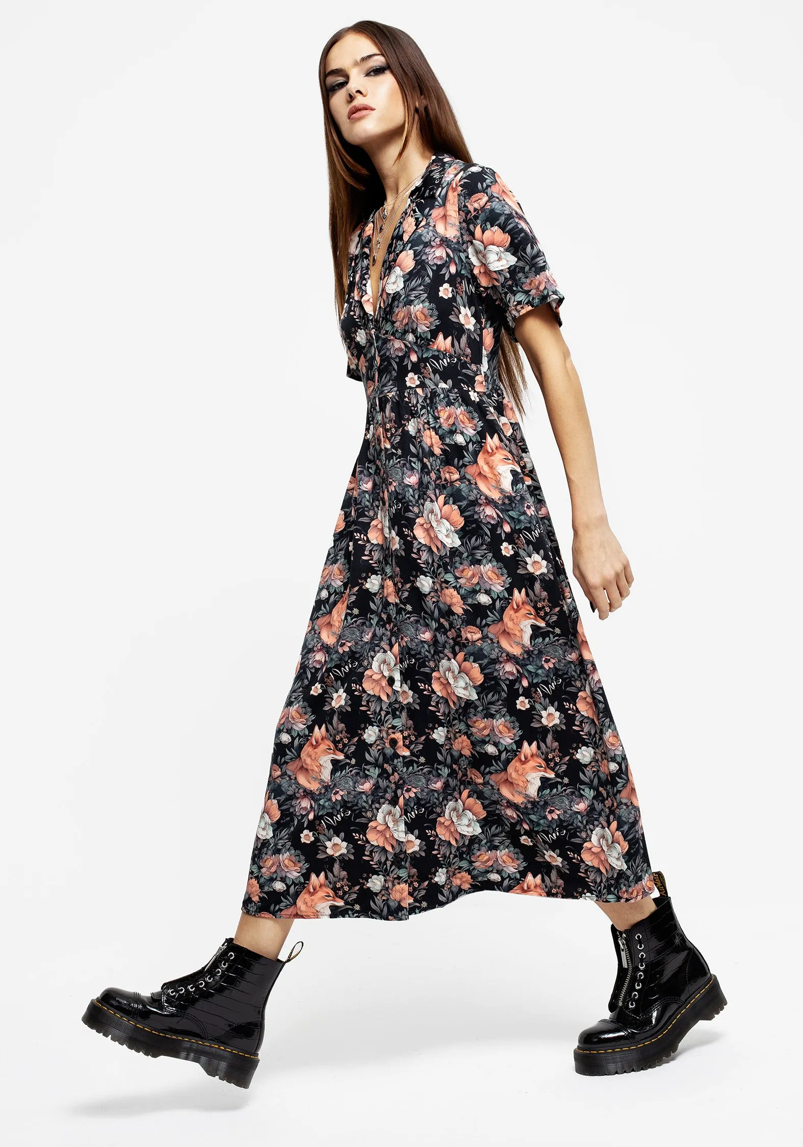 Day Ready Look Reynard Fox Floral Print Midi Shirt Dress