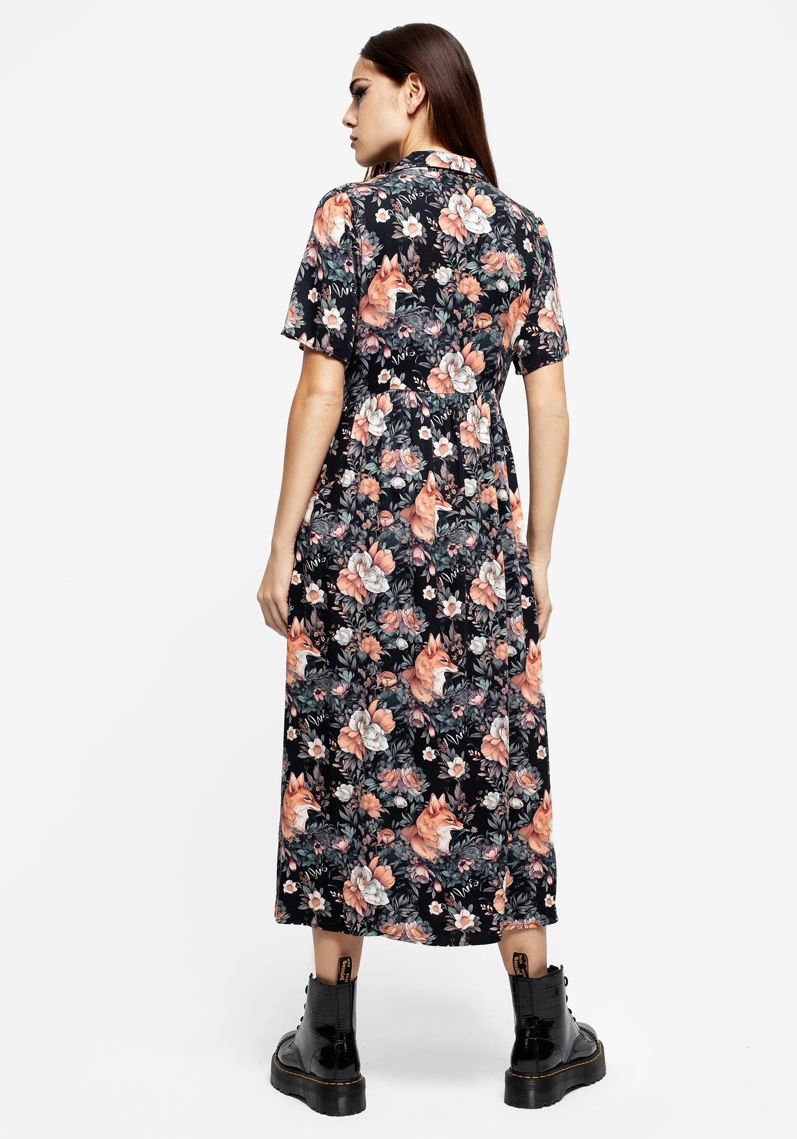 Reynard Fox Floral Print Midi Shirt Dress Tulle Air Cozy Fit
