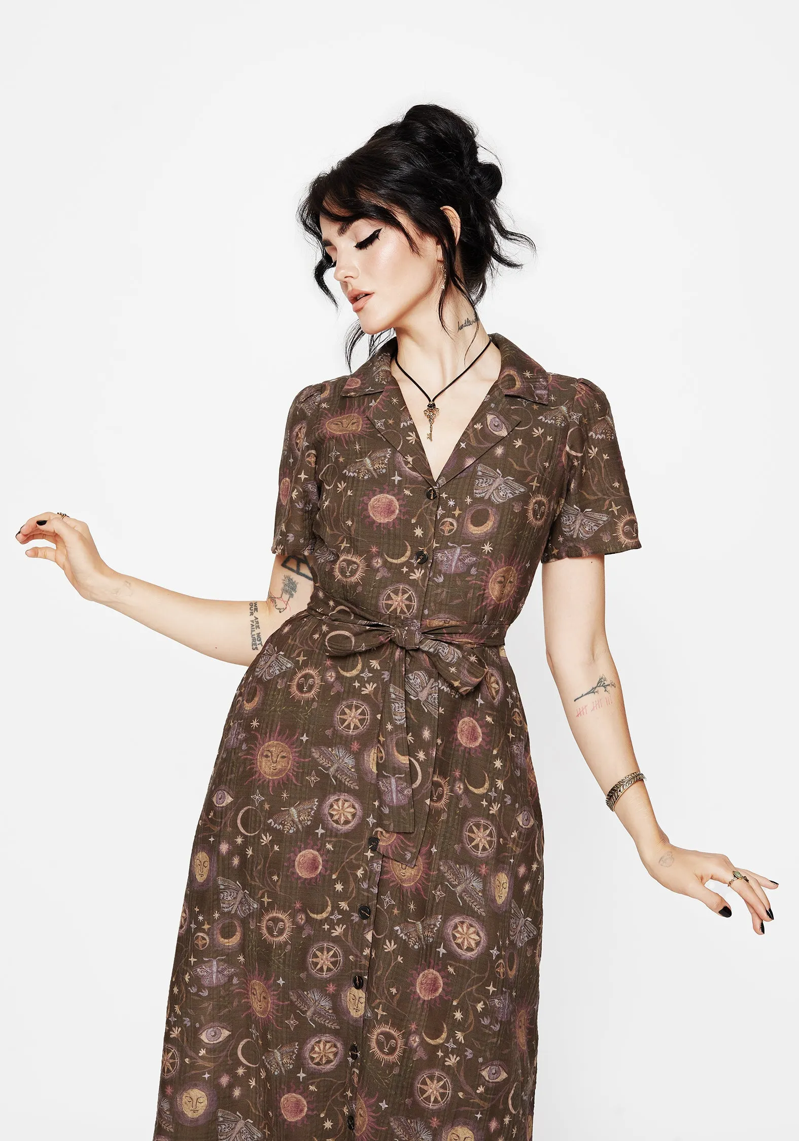 Rhea Cotton Blend Moth and Moon Print Midi Shirt Dress Relaxed fit for outings Day-To-Night Wear