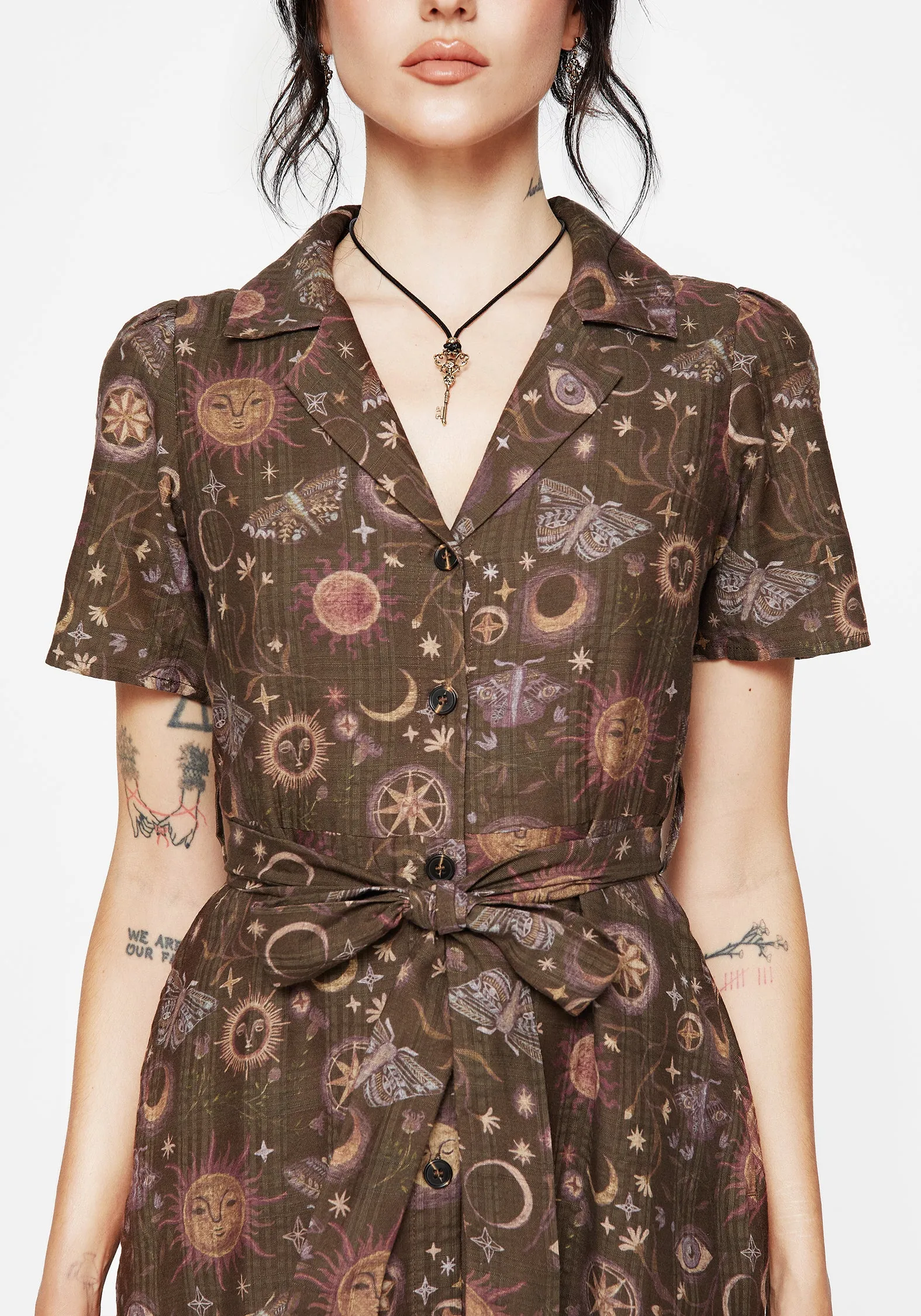 Rhea Cotton Blend Moth and Moon Print Midi Shirt Dress Soft Tone