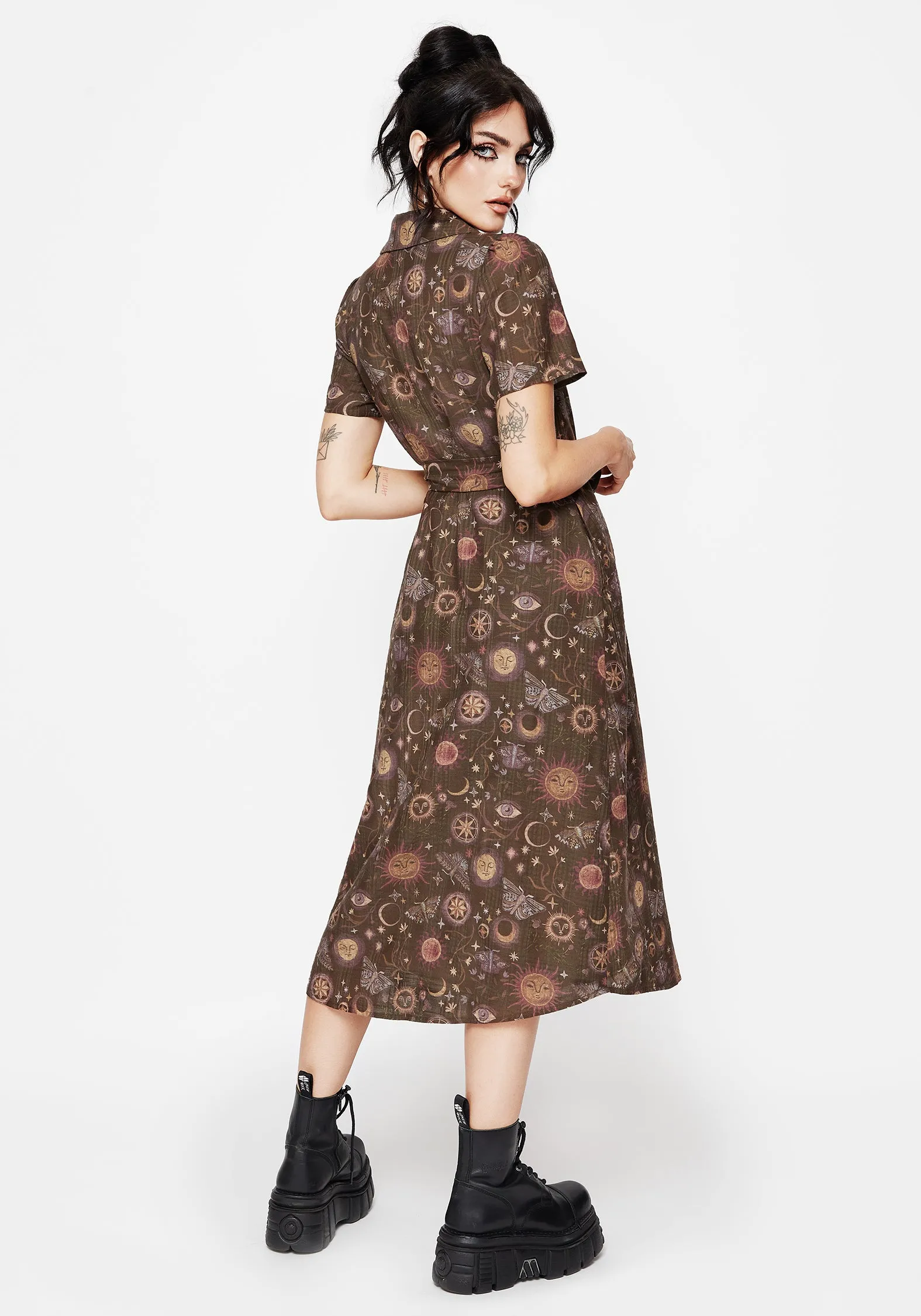 Smart Silhouette Rhea Cotton Blend Moth and Moon Print Midi Shirt Dress