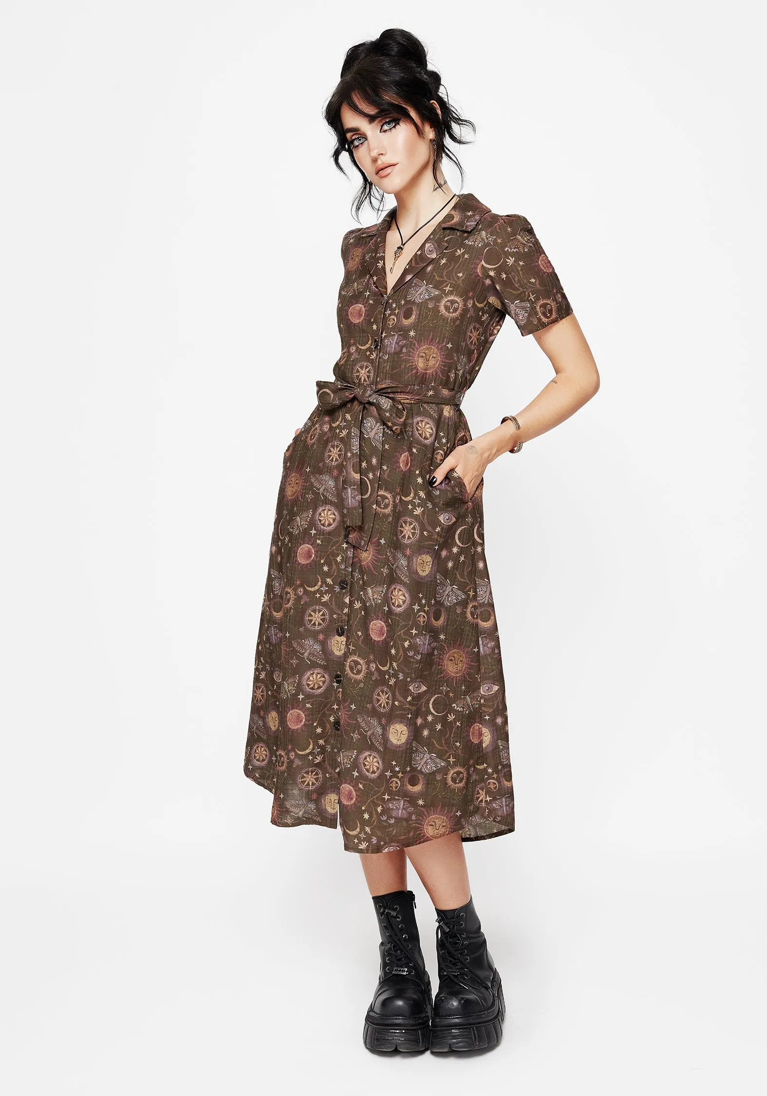 Rhea Cotton Blend Moth and Moon Print Midi Shirt Dress Graceful Flow Chorus Night