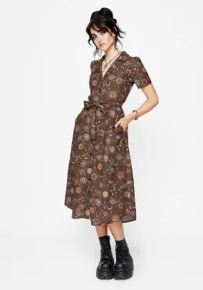 Rhea Cotton Blend Moth and Moon Print Midi Shirt Dress Graceful Flow Chorus Night