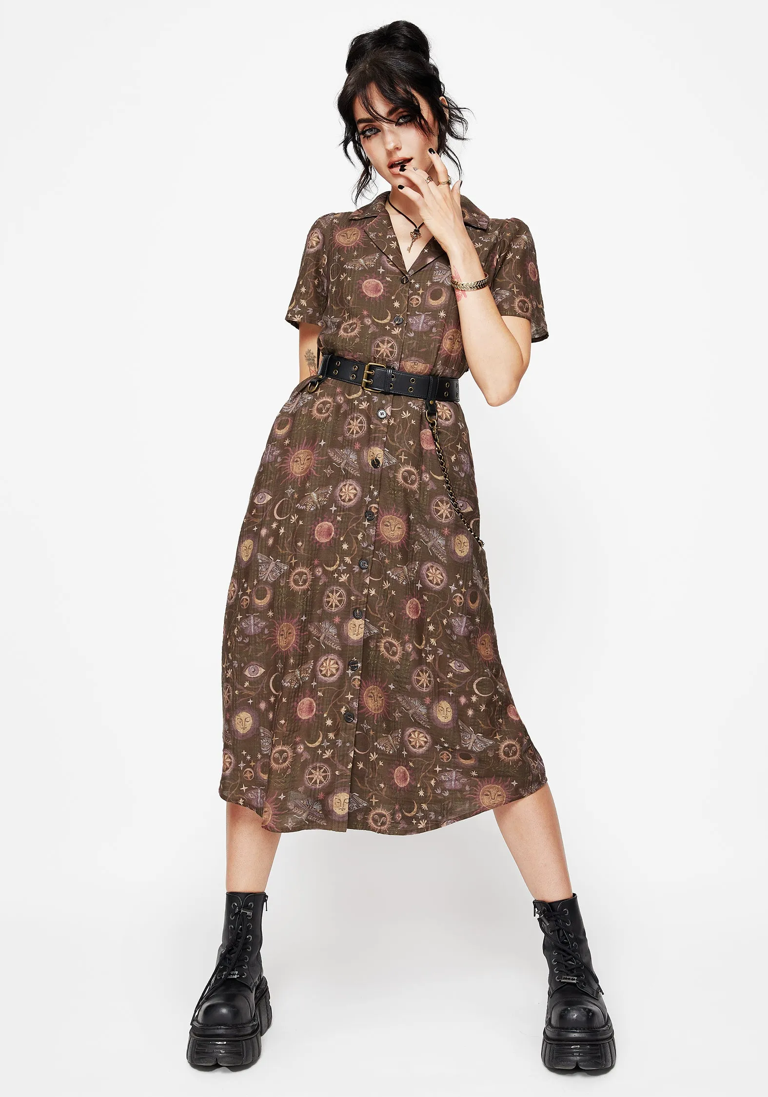Rhea Cotton Blend Moth and Moon Print Midi Shirt Dress Relax Style