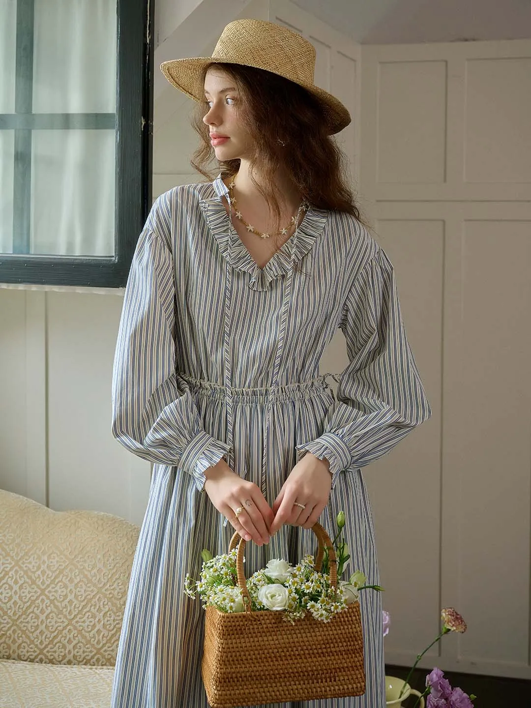 Rhea Trimmed Lace-up V-neck Striped Trimmed Sleeves Dress Fashionable Comfort Wear Kind Light