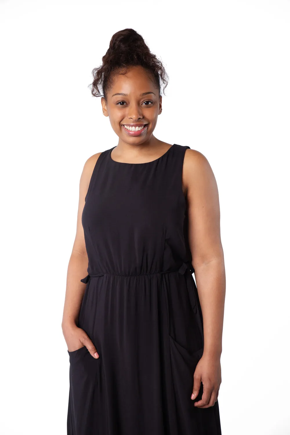 Rhiannon Dress in Black Challis Draped-Style