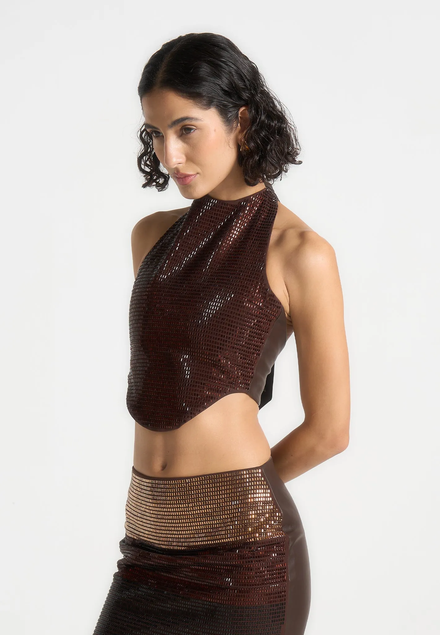 right size Flattering Design Rhinestone Ombre Halterneck Top - Brown/Gold