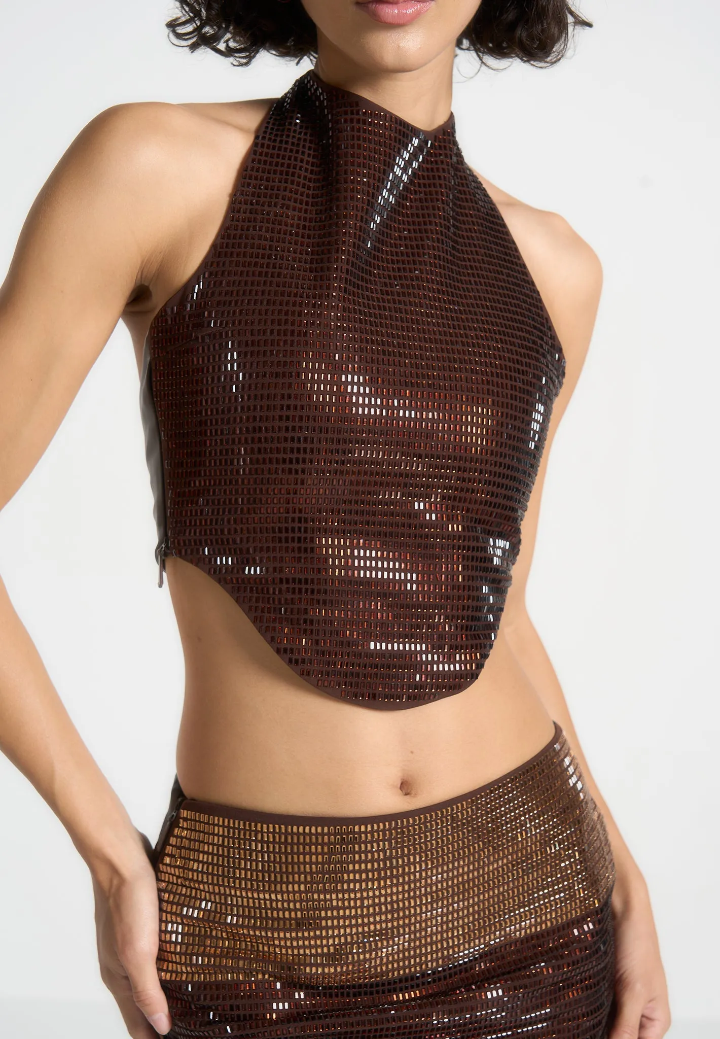 Rhinestone Ombre Halterneck Top - Brown/Gold Moisture Control Fabric