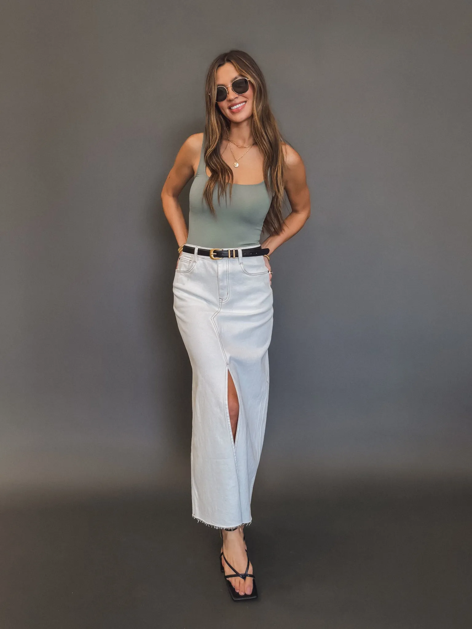 Neutral palette Textured Surface Tomie Denim Midi Skirt - Final Sale