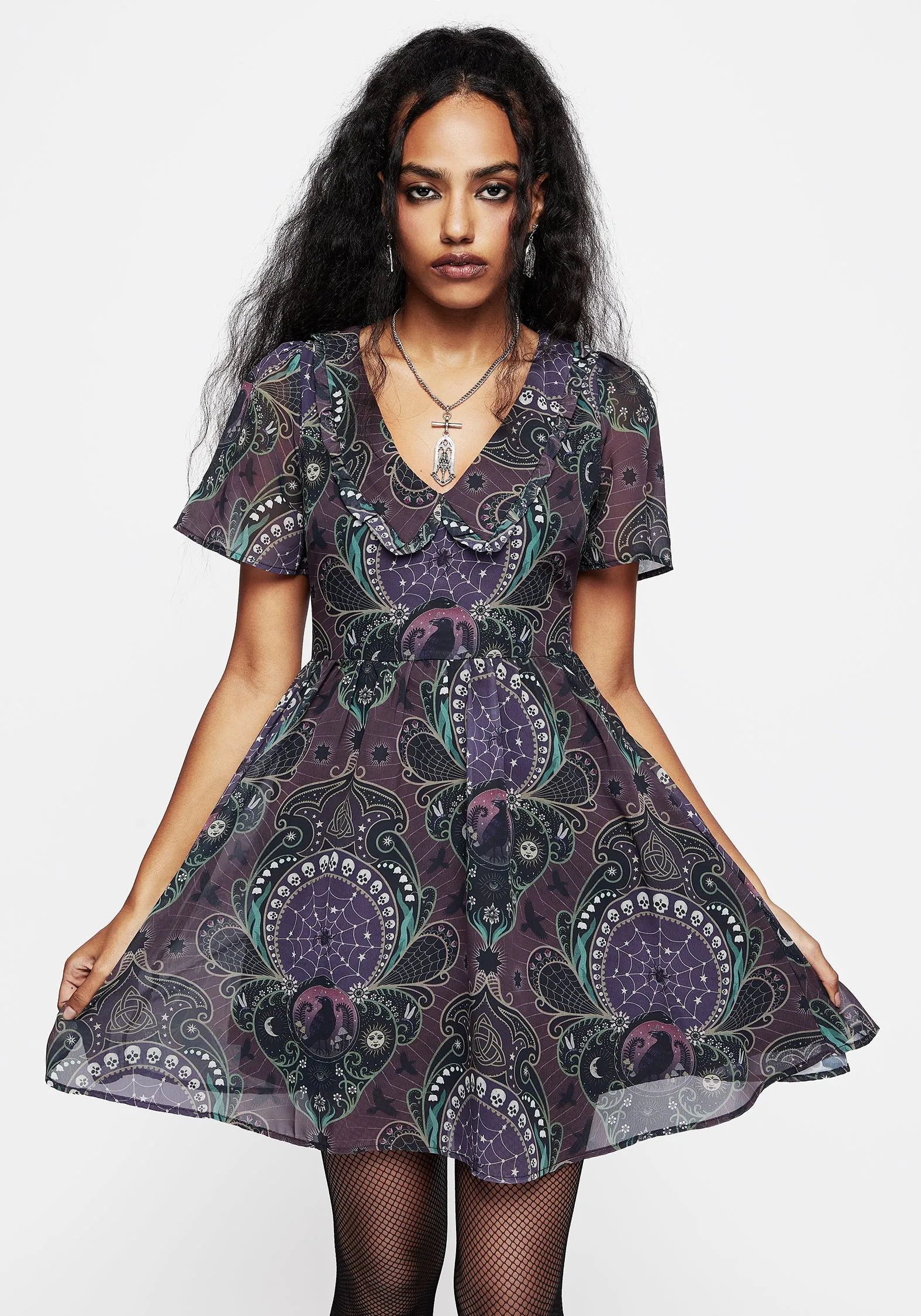 Clarette Chiffon Frill Collar Mini Shirt Dress Cotton Touch