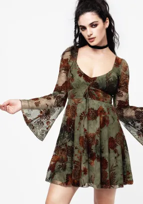 Rosaleigh Flock Velour Mesh Flare Sleeve Mini Dress Yoke Back Construction Edge Beat