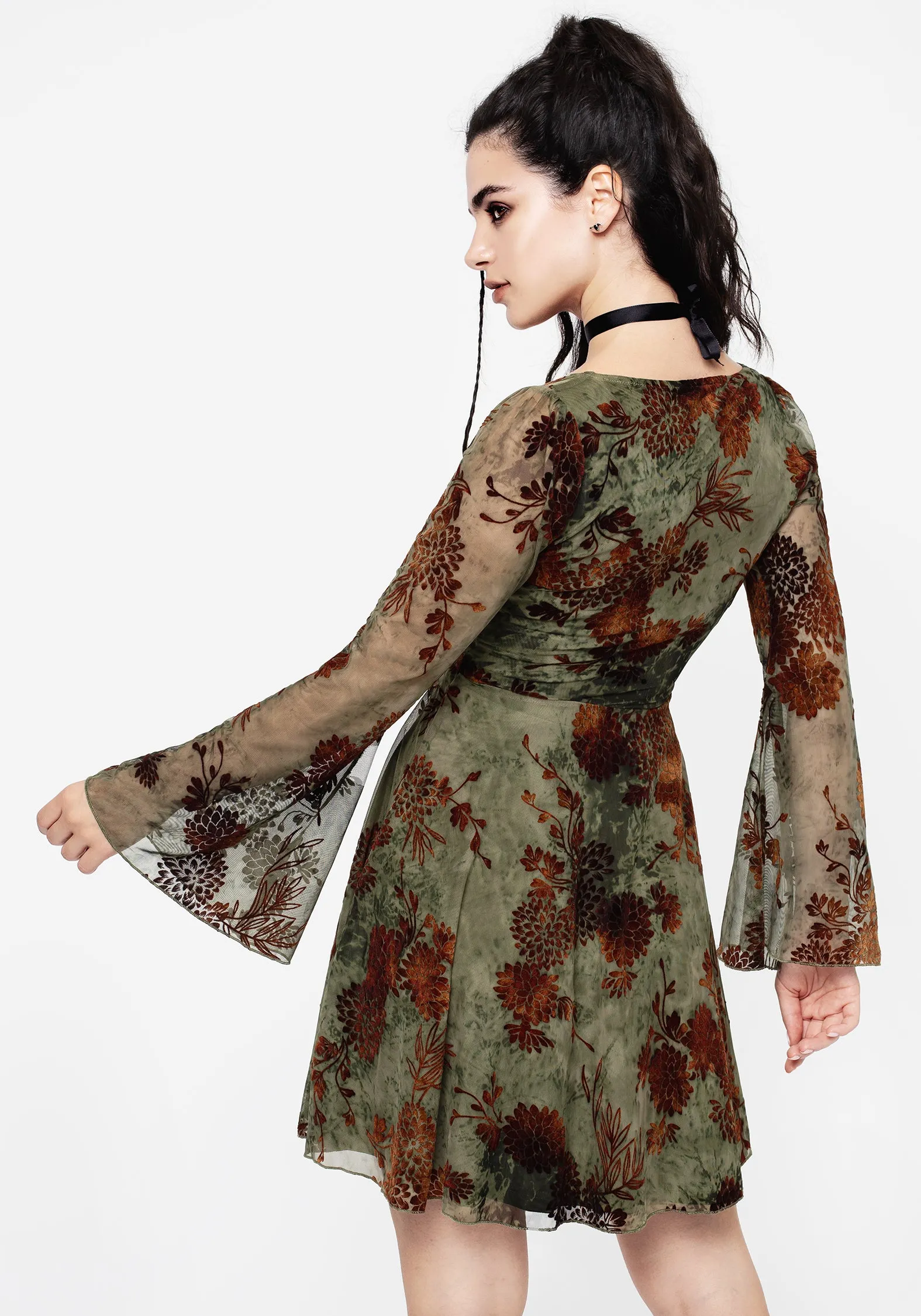 Fashion Design Beat Warm Rosaleigh Flock Velour Mesh Flare Sleeve Mini Dress