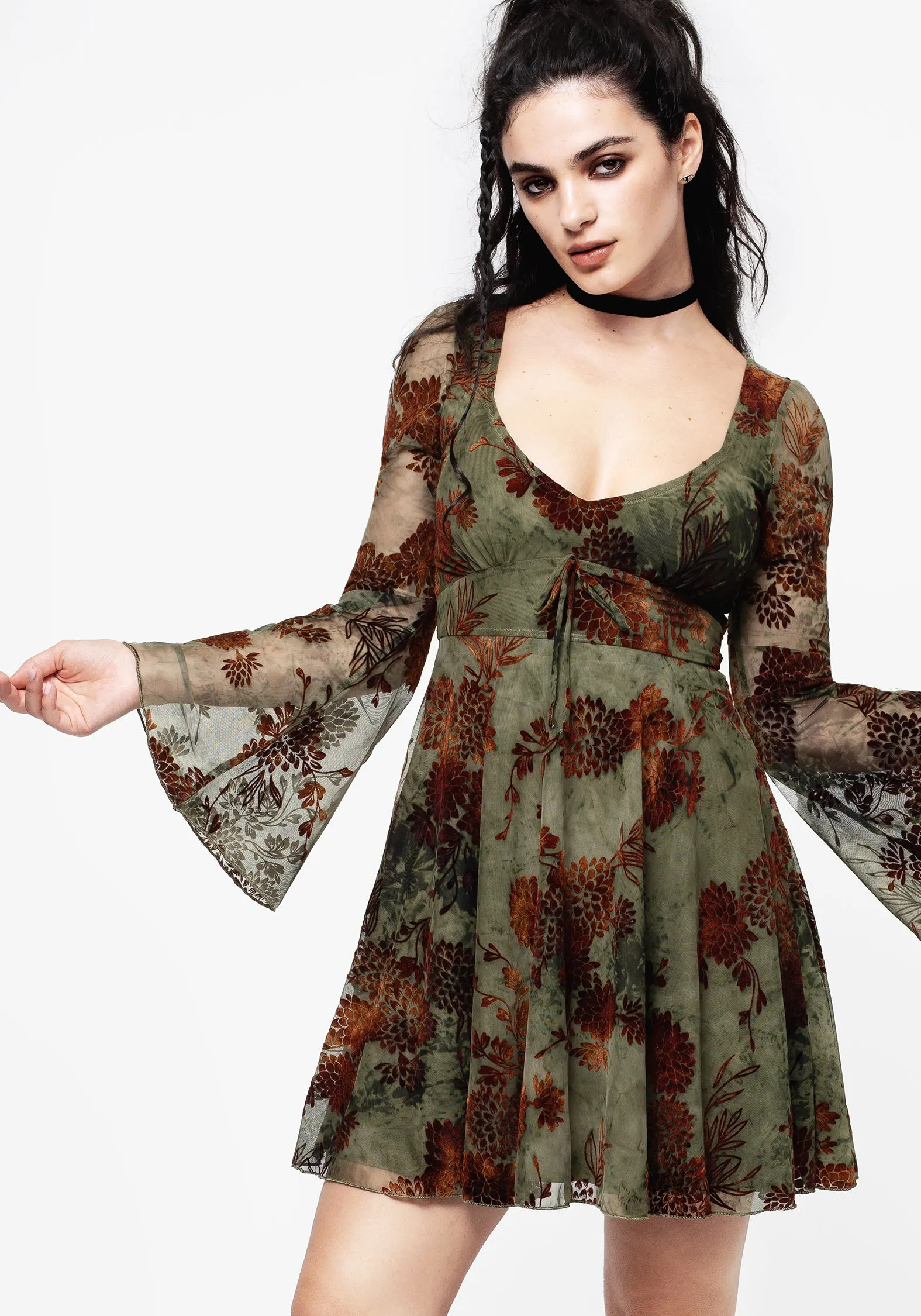 Bright Colors Rosaleigh Flock Velour Mesh Flare Sleeve Mini Dress