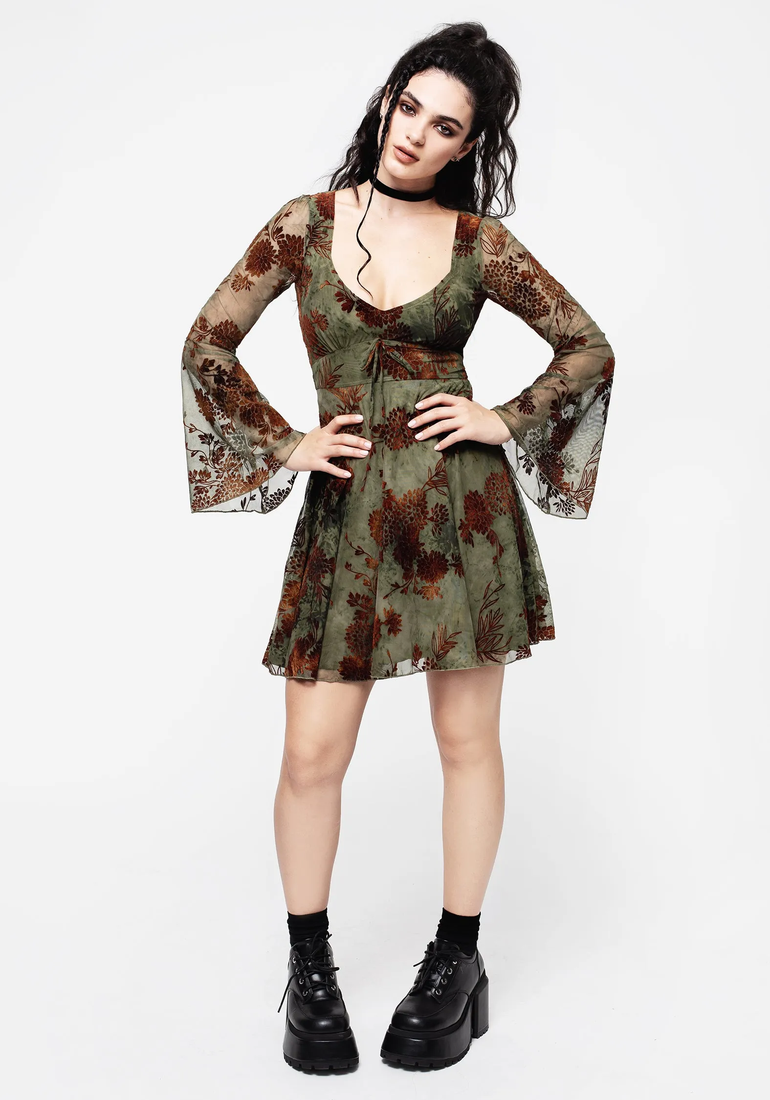 Rosaleigh Flock Velour Mesh Flare Sleeve Mini Dress Unique Cut