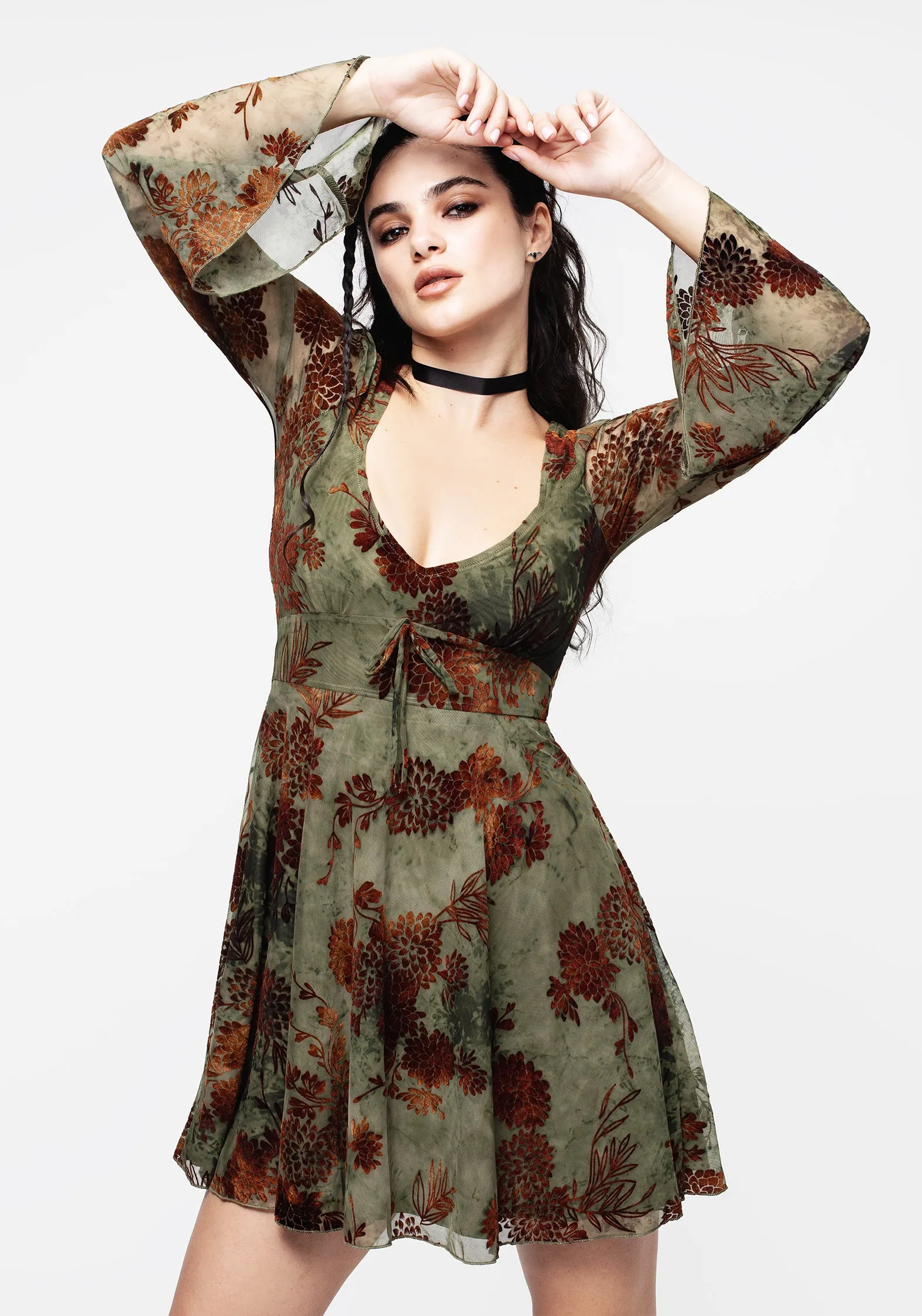 Trendy Layer Rosaleigh Flock Velour Mesh Flare Sleeve Mini Dress