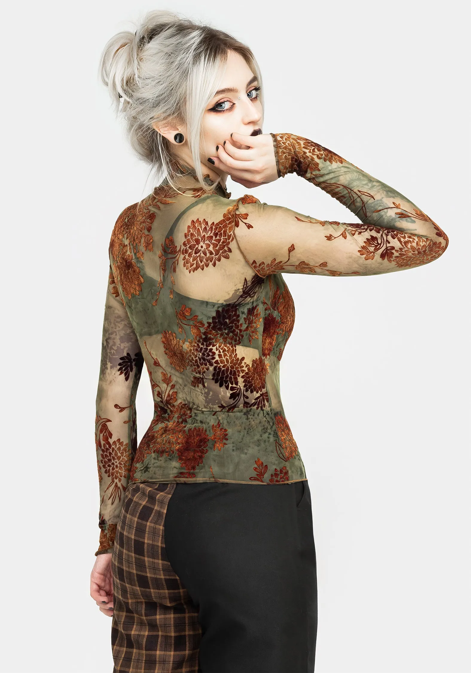 Sustainable Manufacturing Rosaleigh Flock Velour Mesh Long Sleeve Top