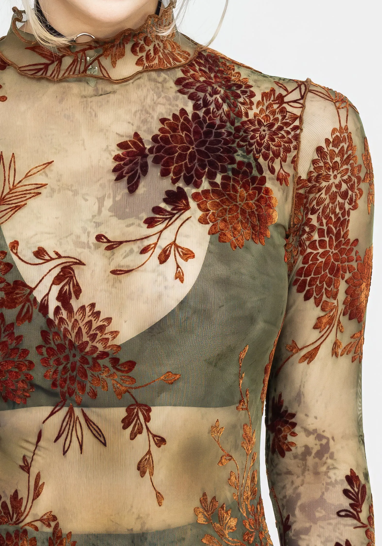 Rosaleigh Flock Velour Mesh Long Sleeve Top SubtleTexture Softened Edges