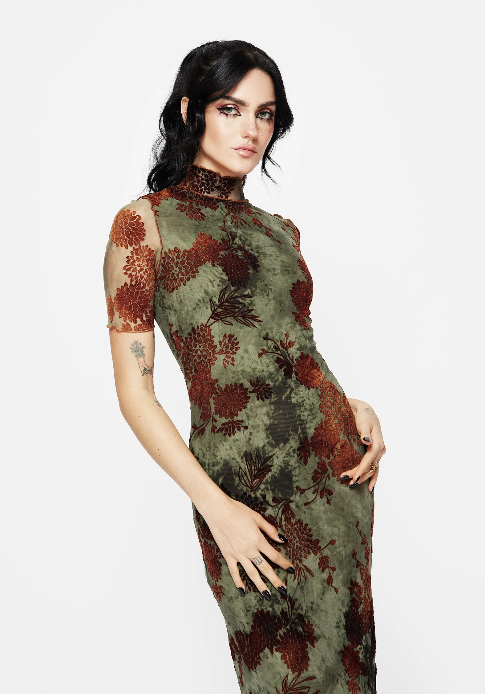 Compressible Rosaleigh Flock Velour Mesh Short Sleeved Midaxi Dress