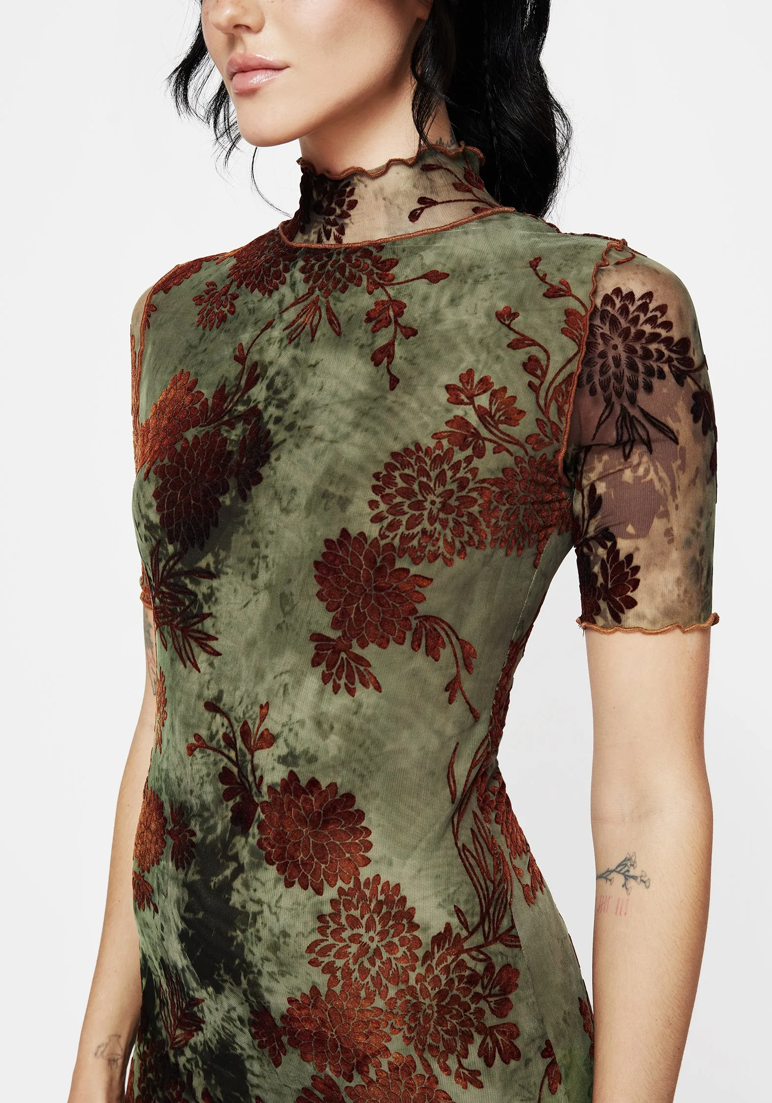 Rosaleigh Flock Velour Mesh Short Sleeved Midaxi Dress Effortless Elegance