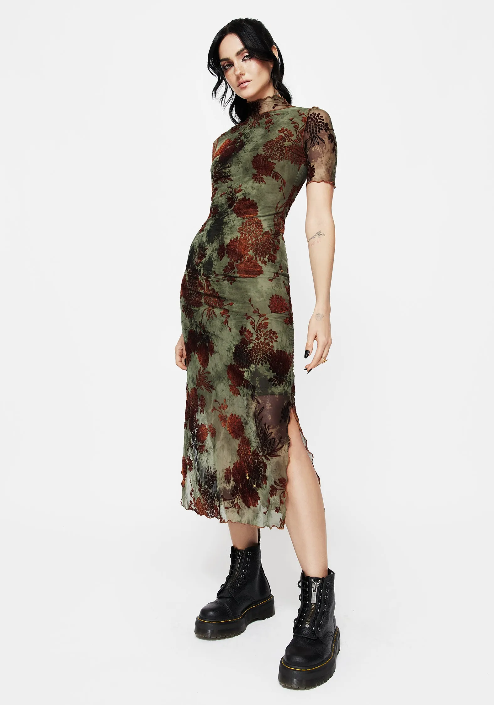 Shine Skin NonSlipClosure Rosaleigh Flock Velour Mesh Short Sleeved Midaxi Dress