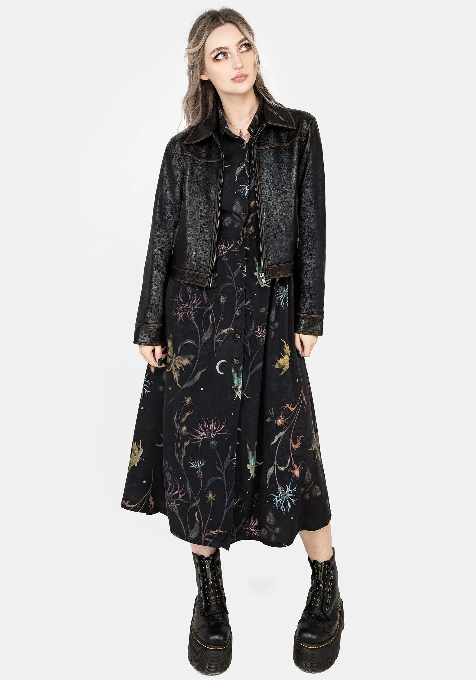 Rosanella Floral Print Midi Shirt Dress Grass Soft Boxy-Style