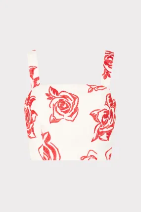 Simple Style ribbed texture Rose Embroidery Crop Top