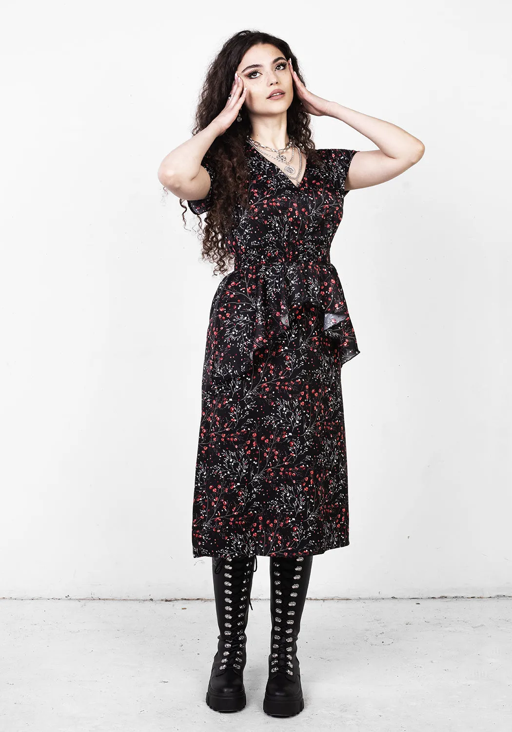 ROSETEARS FRILL PEPLUM MIDI DRESS Euro Touch