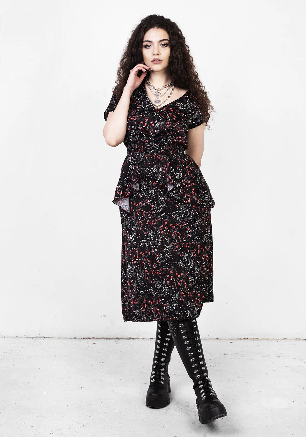 Simplistic Mood ROSETEARS FRILL PEPLUM MIDI DRESS