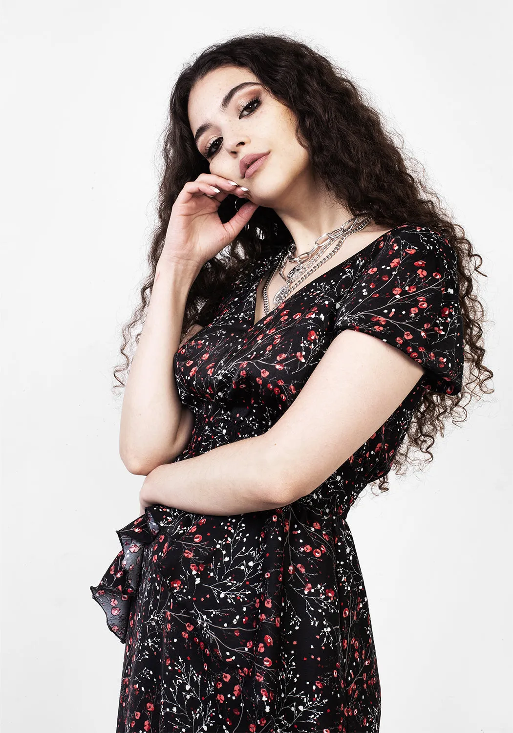 ROSETEARS FRILL PEPLUM MIDI DRESS Soft Touch Smooth Motion