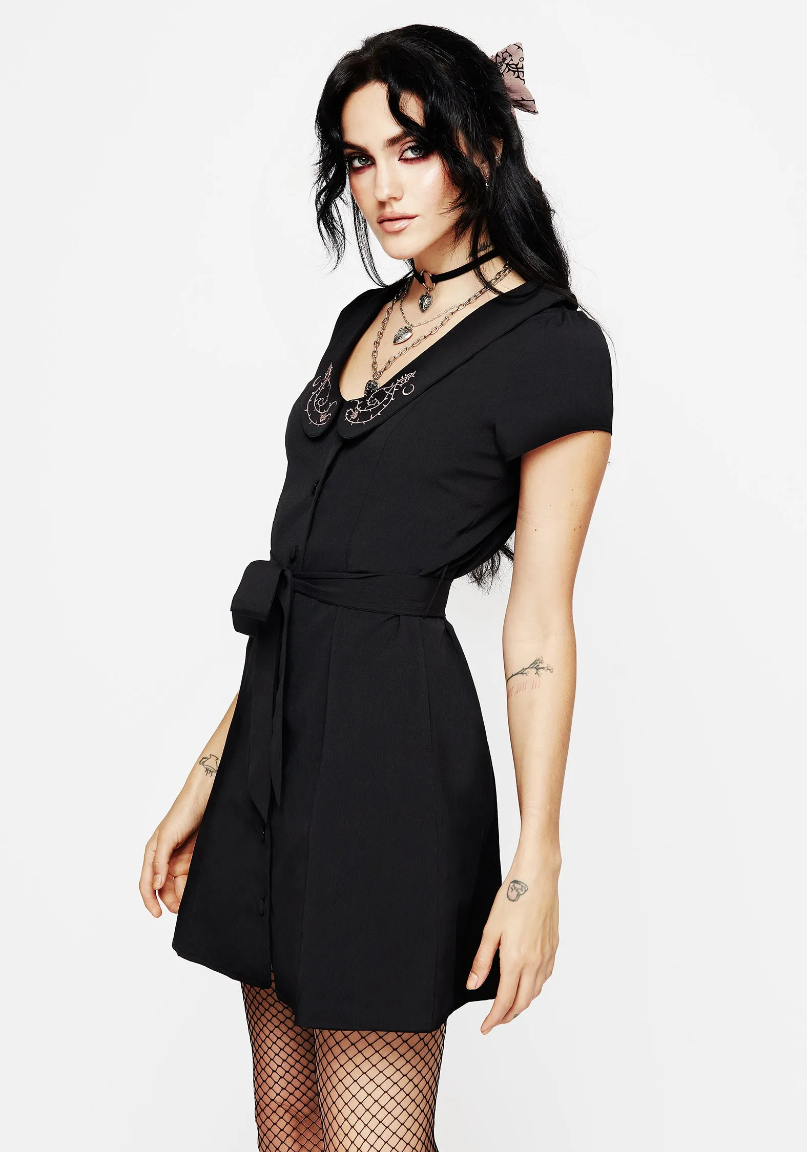 Rosethorn Embroidered Collar Mini Shirt Dress Playful-Detail Dry-Clean-Only
