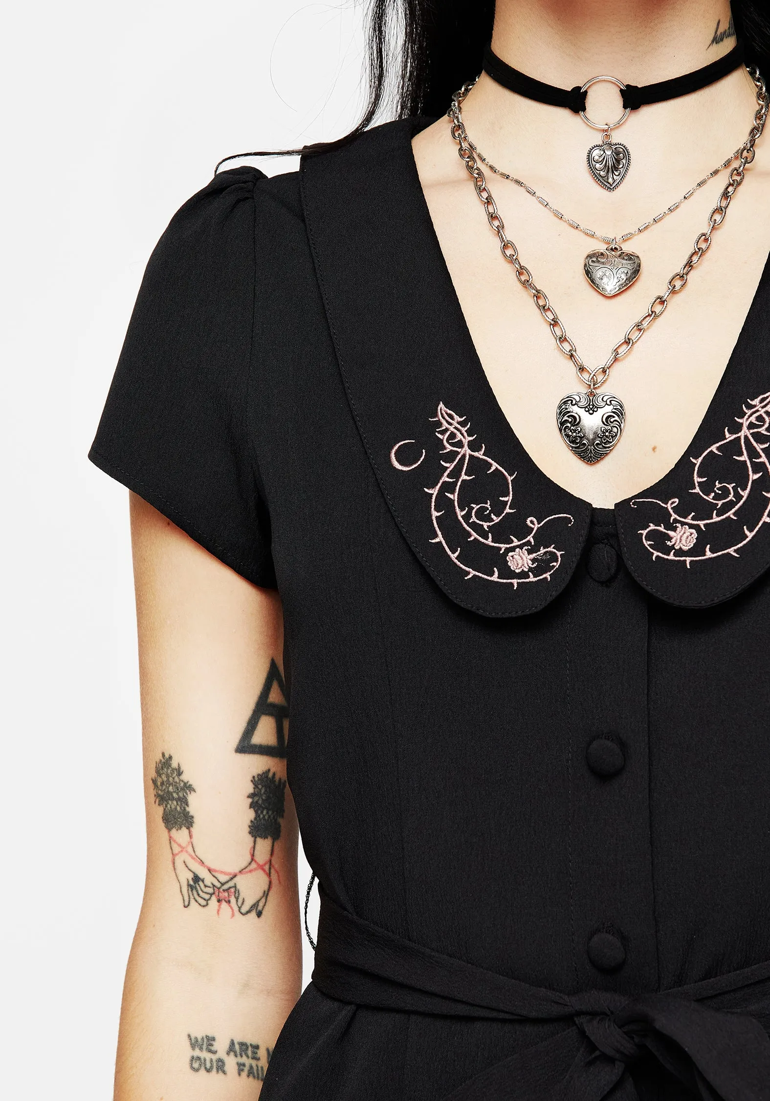 Timeless Shape Rosethorn Embroidered Collar Mini Shirt Dress