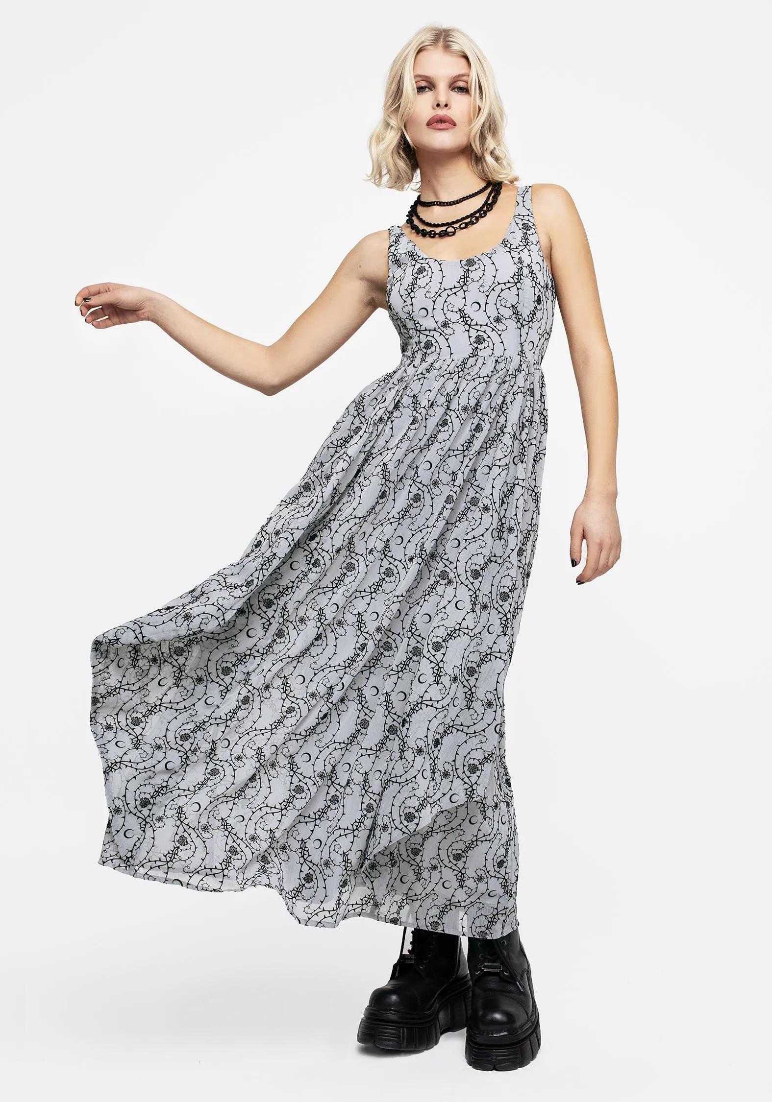 Side-Zip Rosethorn Flocked Velour Chiffon Ruffle Midaxi Dress - Blue