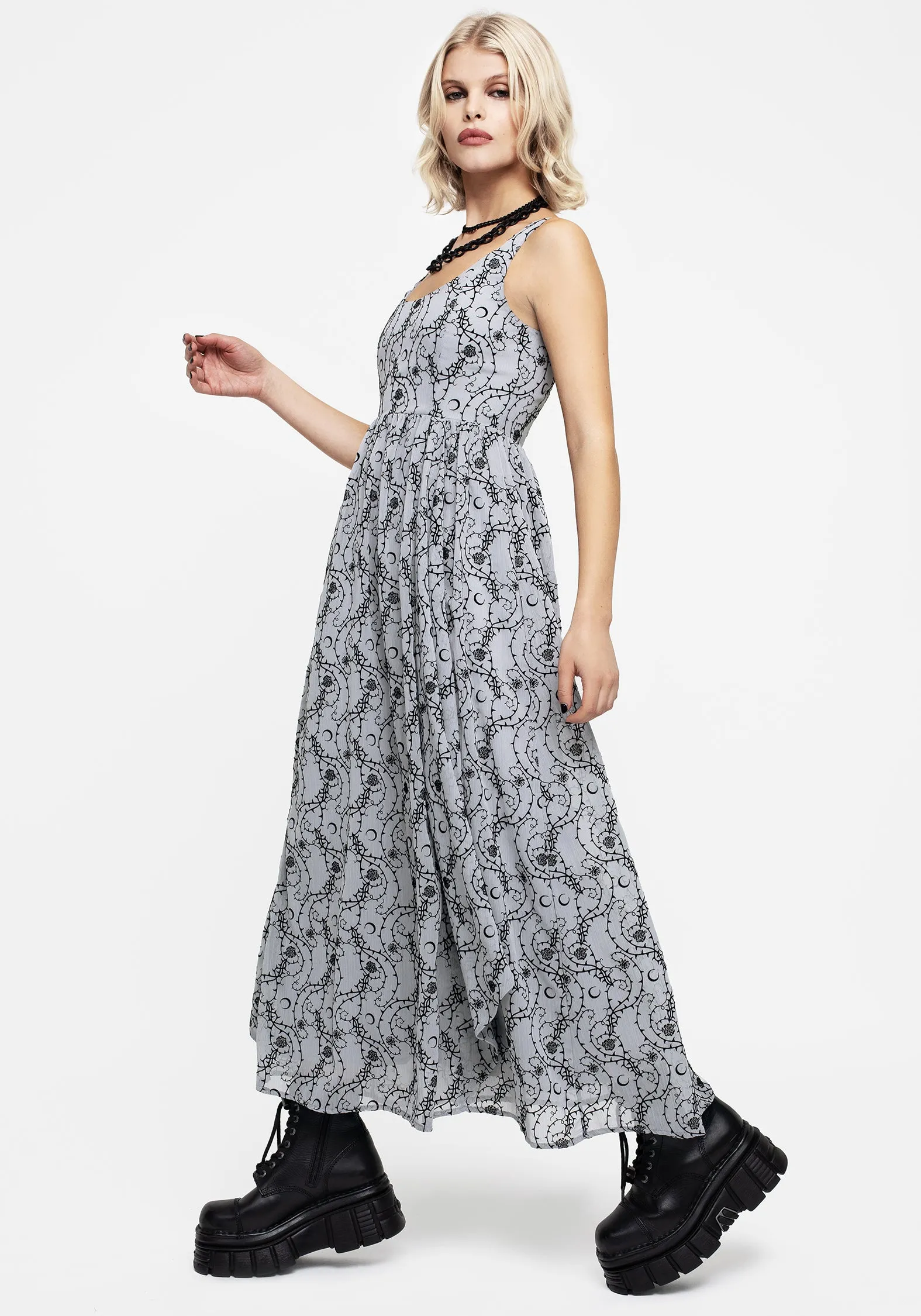 Lounge Comfort Rosethorn Flocked Velour Chiffon Ruffle Midaxi Dress - Blue