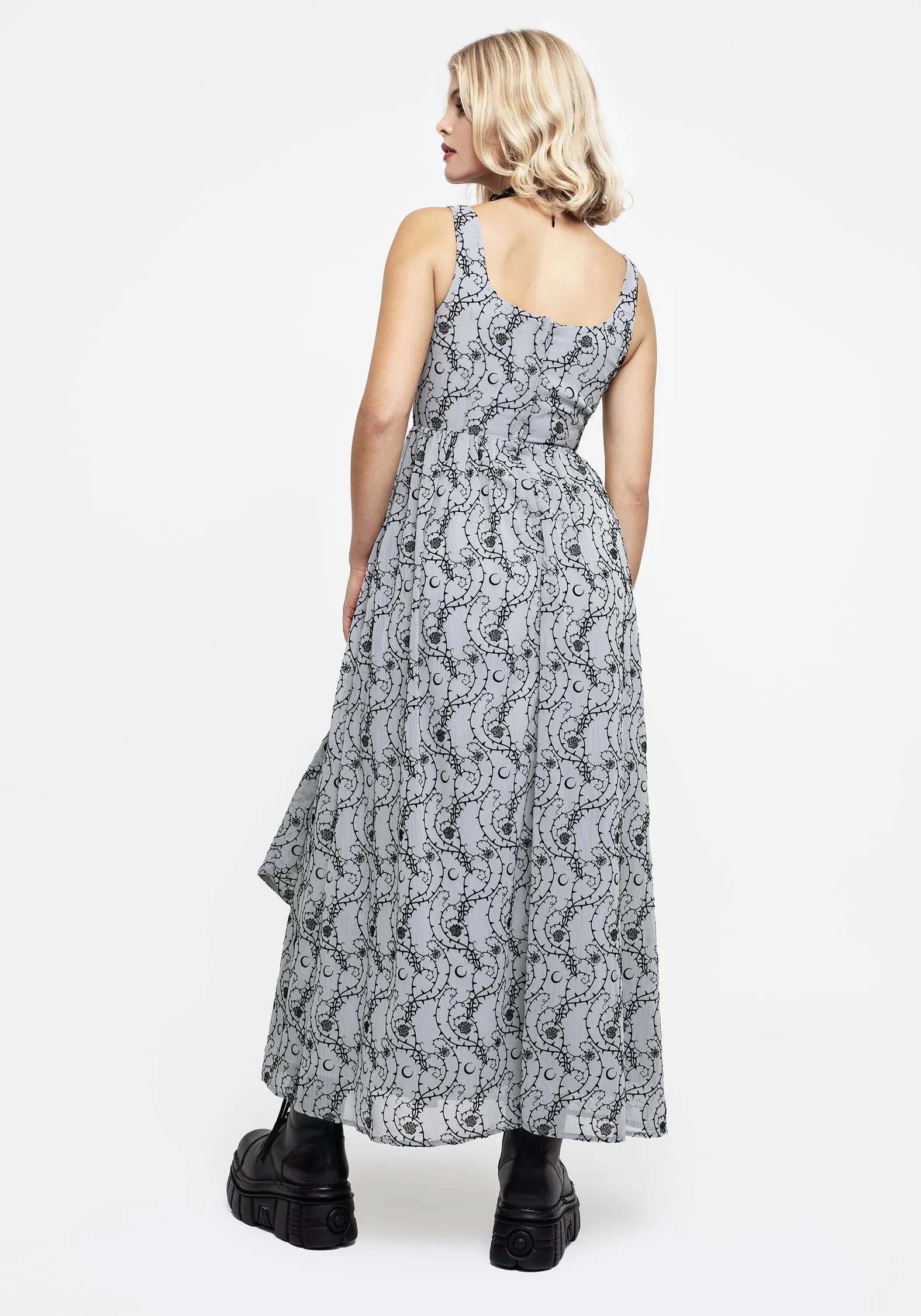 animal-print Soft and Chic Rosethorn Flocked Velour Chiffon Ruffle Midaxi Dress - Blue