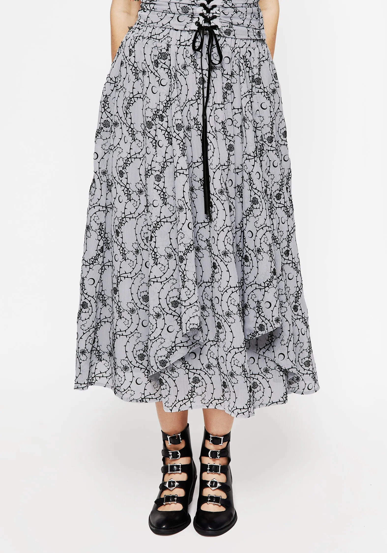 Non Slip Waistband Rosethorn Flocked Velour Chiffon Ruffle Midi Skirt - Blue