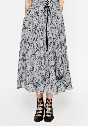 Print Mix Rosethorn Flocked Velour Chiffon Ruffle Midi Skirt - Blue