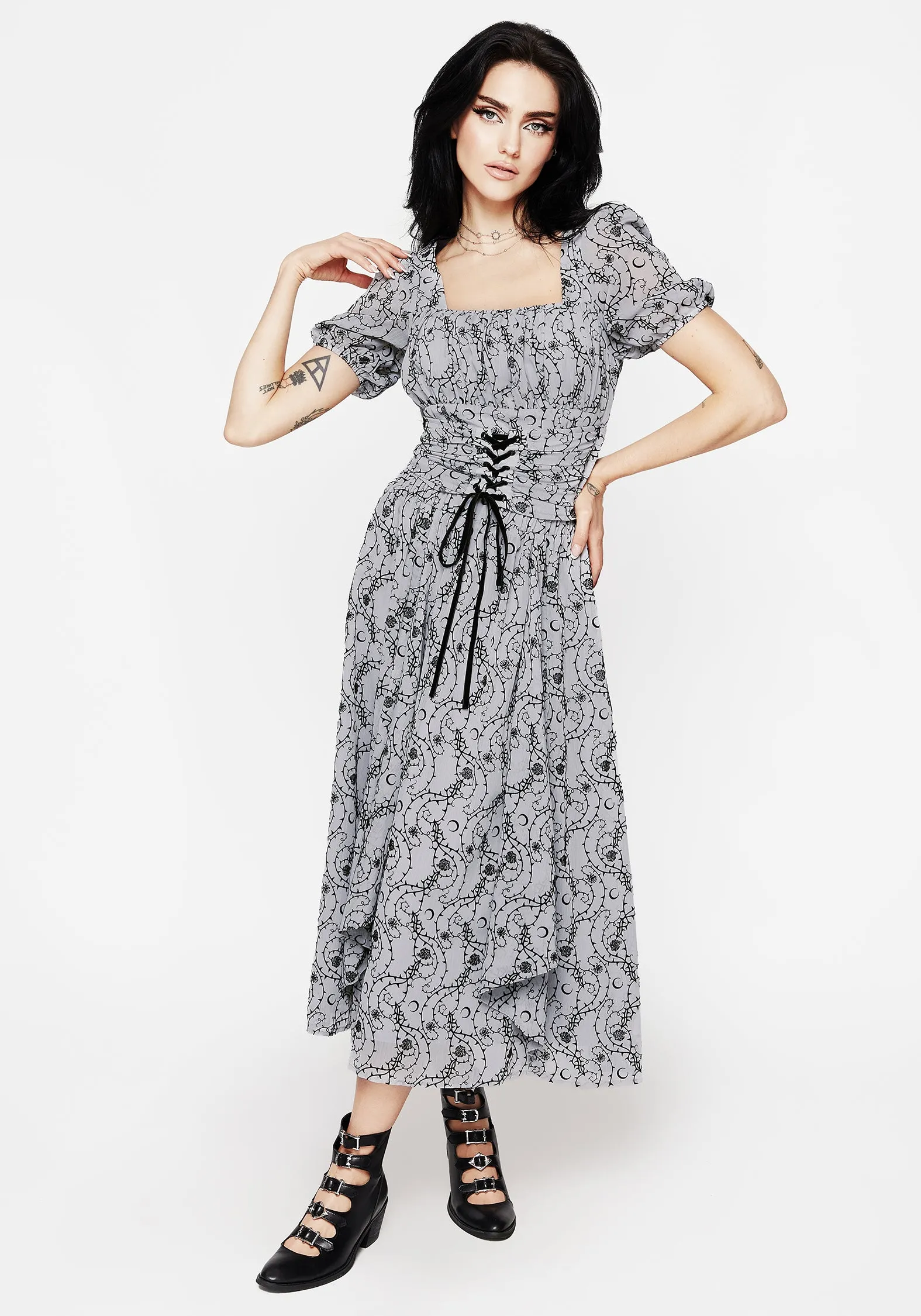 Outfit Game Rosethorn Flocked Velour Chiffon Ruffle Midi Skirt - Blue