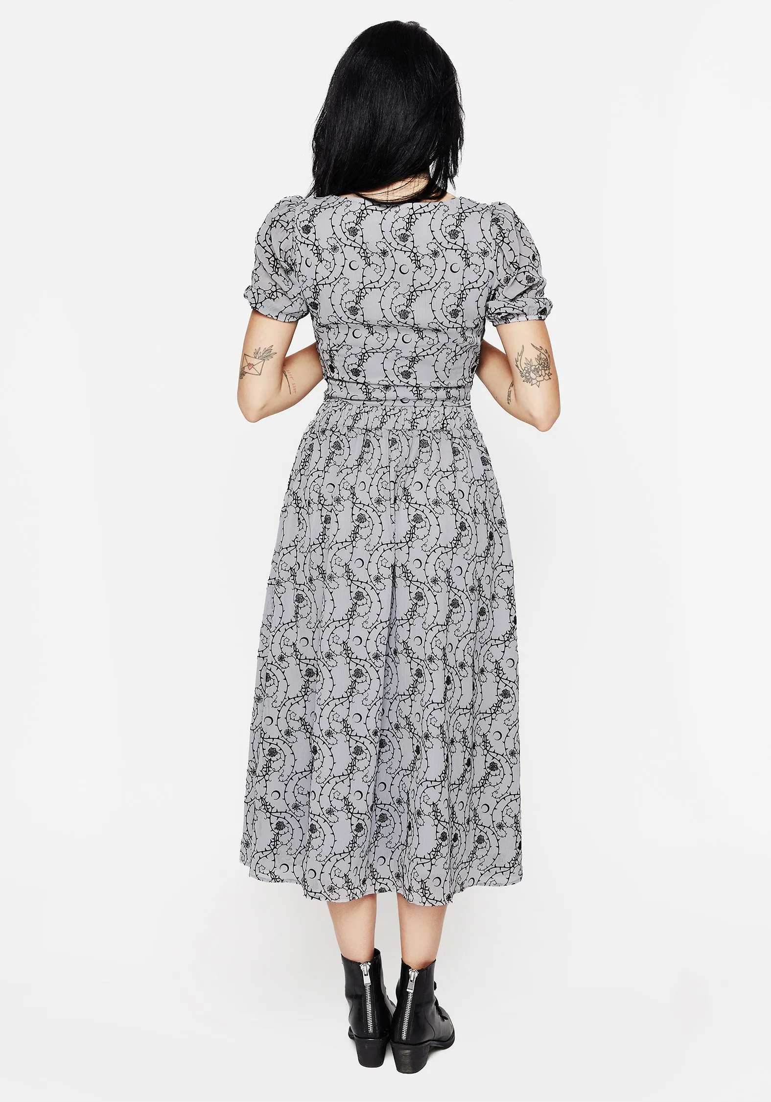 Rosethorn Flocked Velour Chiffon Ruffle Midi Skirt - Blue Animal Print